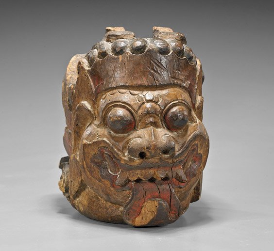 Five Indonesian & Chinese Items: Five Indonesian & Chinese Items Two Indonesian pieces: carved polychrome wood head of a beast-like creature, leather puppet (Wayang Kulit) of a standing kasar; together with three Chinese ceramics: pr