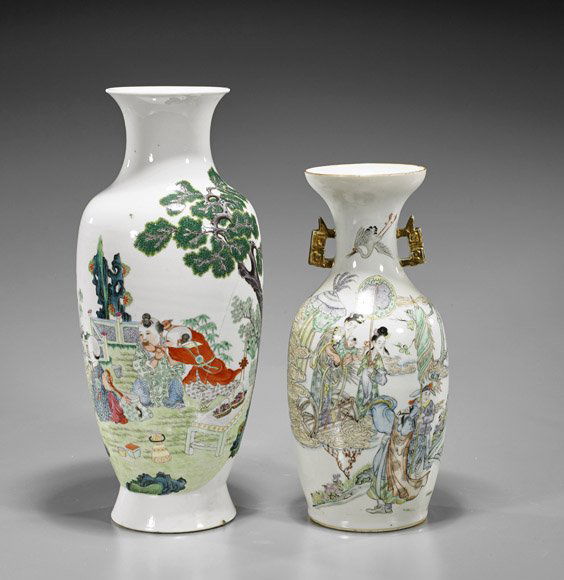 Two Chinese Famille Rose Porcelain Vases: Two Chinese Famille Rose Porcelain VasesTwo Chinese Famille Rose enameled porcelain ovoid vases with a waisted neck: old with moulded gilt handles designs of beauties atop an auspicious cloud with Imm