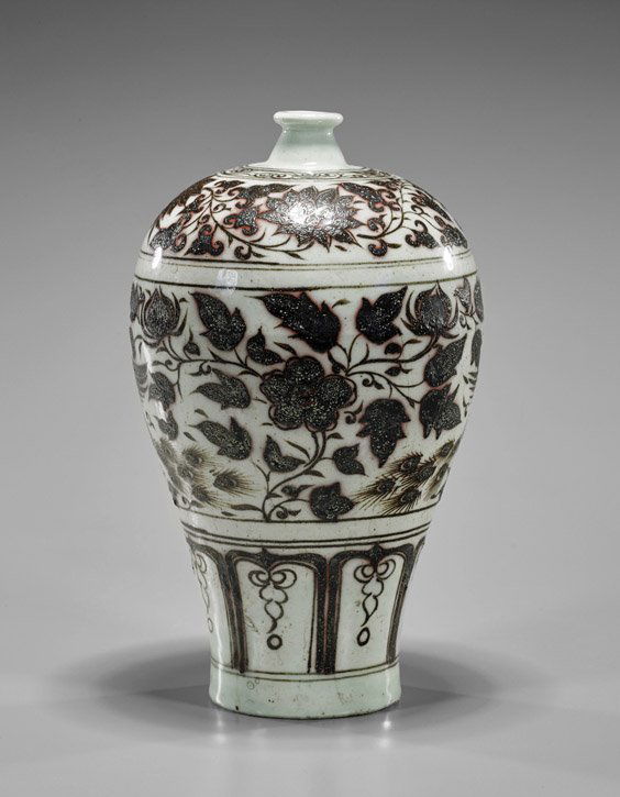 Chinese Copper Red Glazed Meiping: Chinese Copper Red Glazed MeipingChinese Hongwu-style copper red glazed porcelain vase; of meiping form with two bands of phoenix amid scrolling flowers, and ogee arch band at base (glaze flaws and mi