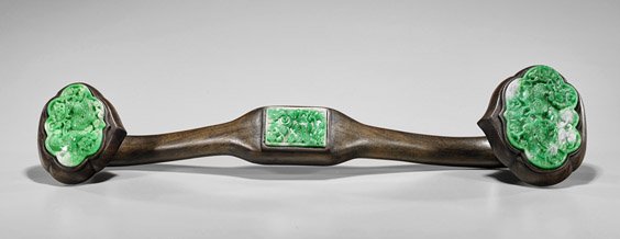 Large Chinese Ruyi Scepter: Jadeite: Large Chinese Ruyi Scepter: Jadeite Large Chinese ruyi scepter: with three jadeite plaques depicting dragons contesting for the flaming pearl (some wear, possibly dyed); L: 21 1/2"