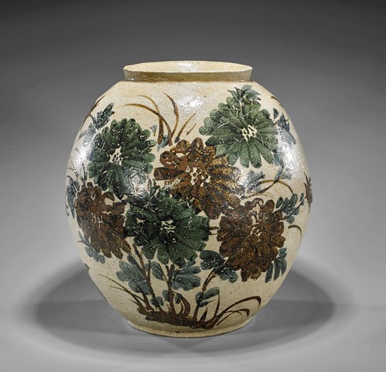 Large Korean Glazed Ceramic Vase: Large Korean Glazed Ceramic Vase Large Korean crackle glazed ceramic vase; of egg form with short inverted neck, designs of blue and iron red blossoming flowers, birds and pine trees; signed exterior 