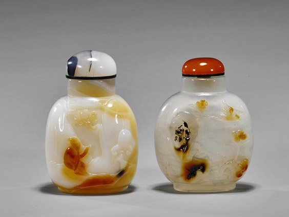 Two Carved Cameo Agate Snuff Bottles: Nature: Two Carved Cameo Agate Snuff Bottles: NatureTwo well hollowed, carved cameo agate snuff bottles: nicely banded with milky white coloring a rounded square form of a bearded sage seated in nature; toget