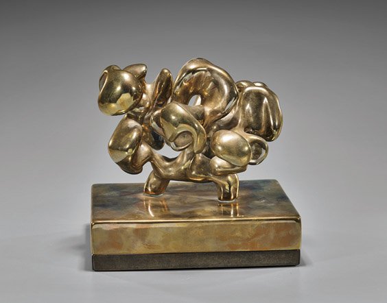 Freeform Bronze Sculpture by Eli Karpel: Freeform Bronze Sculpture by Eli Karpel Gold-toned bronze sculpture by Eli Karpel (American, 1916-1998); of radiating freeform with rounded bulbous nodules, on a rectangular base, possibly titled "Pha