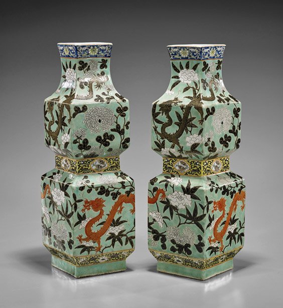 Pair Antique Square Porcelain Vases: Pair Antique Square Porcelain Vases Pair of antique Chinese porcelain vases; of squared double gourd form, depicting dragons amid foliage on turquoise ground (typical wear), 19th Century; H: 14 1/4" (
