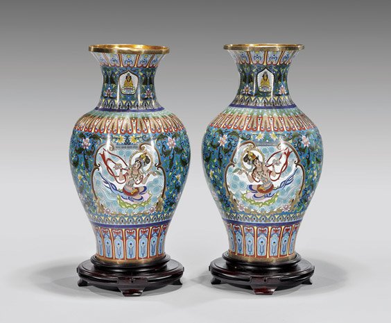 Pair Large Cloisonné Enamel Vases: Pair Large Cloisonné Enamel Vases Pair of large and finely detailed, Chinese cloisonné enamel vases; each of baluster form, of Buddhist motif with panels of Apsaras amid swirling clouds, reserved am