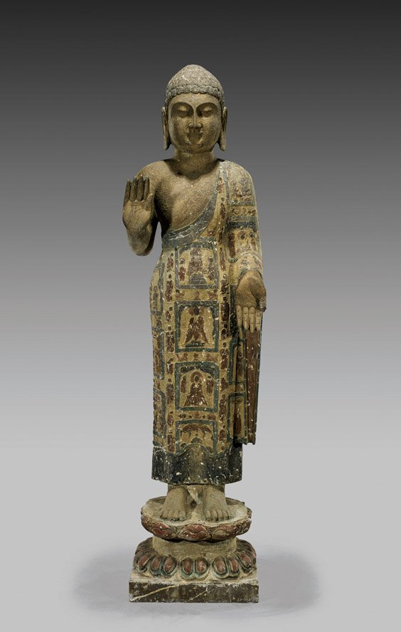 Carved & Lacquered Stone Buddhist Figure: Carved & Lacquered Stone Buddhist Figure Large Chinese carved and lacquered stone Buddhist figure; standing in unusual robes decorated with mages of additional Buddhist figures, with hands in mudra an
