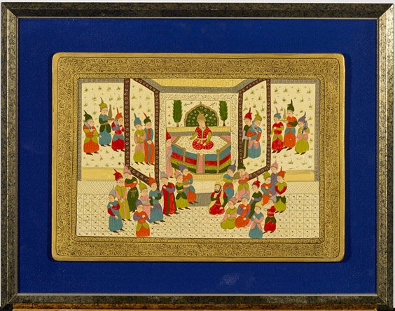 Two Lacquer on Wood Paintings: Two Lacquer on Wood Paintings Two old lacquer on wood paintings: Indian with a hunting scene of an emperor on horse attacking a lion in lush forest; together with Persian court scene with officials an