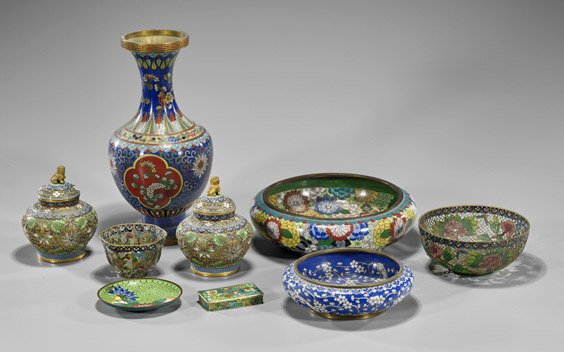 Group of Nine Cloisonné & Plique-À-Jour: Group of Nine Cloisonné & Plique-À-Jour Group of nine Chinese items, including: cloisonné enamel -- baluster vase, pair of squat globular jars with lion finials, rectangular pill box, small dish, a