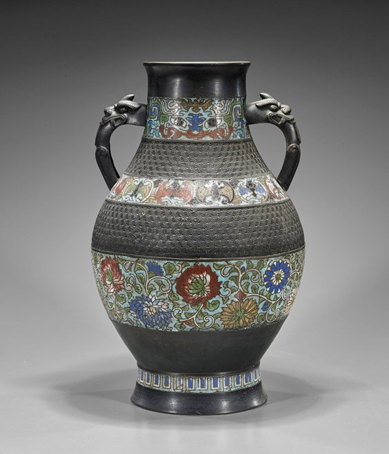 Large Japanese Champlevé Bronze Vessel: Large Japanese Champlevé Bronze VesselLarge Japanese bronze champlevé enamel vessel; of hu form with bands of auspicious bats and chrysanthemums; dragon form handles to neck (considerable wear and l