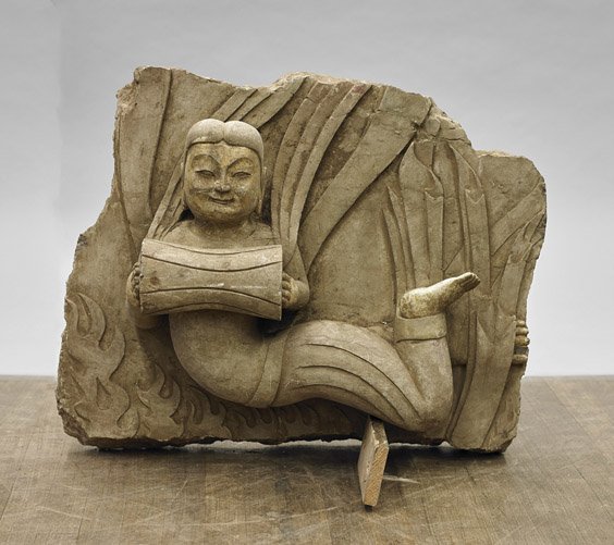 Heavy Chinese Carved Stone Apsara: Heavy Chinese Carved Stone Apsara Heavy, Chinese carved stone Buddhist deity; of a side view of apsara holding a drum in hands, floating above flames; some gilding and pigment remain (chips and minor 