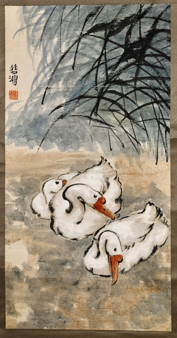 Two Chinese Paper Scrolls: Ducks & Mountains: Two Chinese Paper Scrolls: Ducks & Mountains Two Chinese ink and color wash on paper scrolls: of a family of ducks swimming under foliage; together with a mountainous scene with splashes of green and 