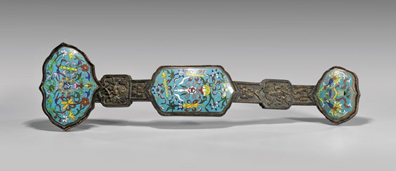 CHINESE HARDWOOD & CLOISONNÉ SCEPTER: CHINESE HARDWOOD & CLOISONNÉ SCEPTER Chinese carved hardwood scepter; the shaft with panels of peaches and bats; set with three cloisonné enamel plaques of Buddhist lotus design on turquoise grounds