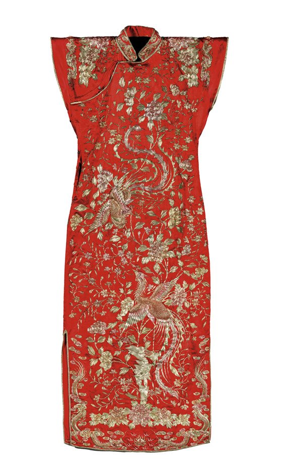 CHINESE RED SILK WEDDING GOWN & SHOES: CHINESE RED SILK WEDDING GOWN & SHOES Chinese embroidered red silk wedding cheongsam gown, embroidered with ornate couched design of pair phoenix birds with amid large blossoms, with small dragons at 