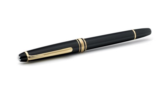 MONTBLANC "MEISTERSTUCK" FOUNTAIN PEN: MONTBLANC "MEISTERSTUCK" FOUNTAIN PEN Montblanc "Meisterstuck" fountain pen; with 14K gold nib; the black lacquer casing with yellow gold-plated mountings, and with the classic star logo in white to t