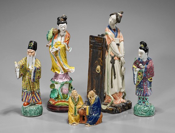 Five Old Chinese Porcelain Figures: Five Old Chinese Porcelain Figures Group of five old Chinese enameled porcelain figures, including: beauty with fan gazing over a gate; two Guanyin each standing with a lotus blossom in their right ha