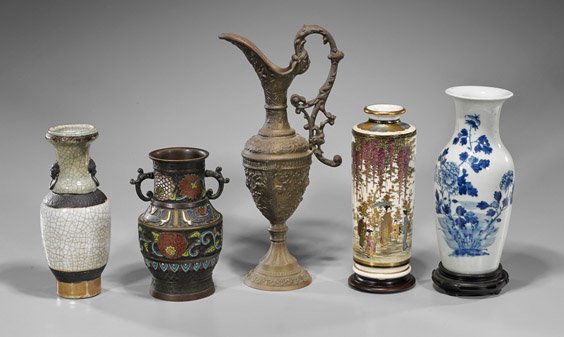 Five Chinese & Japanese Vessels: Five Chinese & Japanese VesselsGroup of five old and antique Chinese and Japanese vessels, including: porcelain vases-- blue and white baluster form, baluster form crackle glaze with taotie faux handl