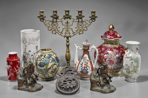 Ten Various Items: Porcelains & Inkstone: Ten Various Items: Porcelains & Inkstone Collection of ten various items, including: porcelain-- two Famille Rose enameled vases, teapot, ovoid jar, covered baluster form jar, moulded bottle form vase