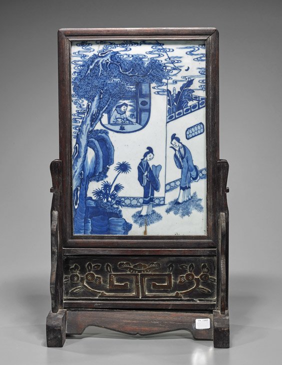Chinese Blue & White Porcelain Tablescreen: Chinese Blue & White Porcelain Tablescreen Small Chinese blue and white porcelain tile: of rectangular form of beauties in a garden, a third sitting inside the window; set into a hardwood frame, with 