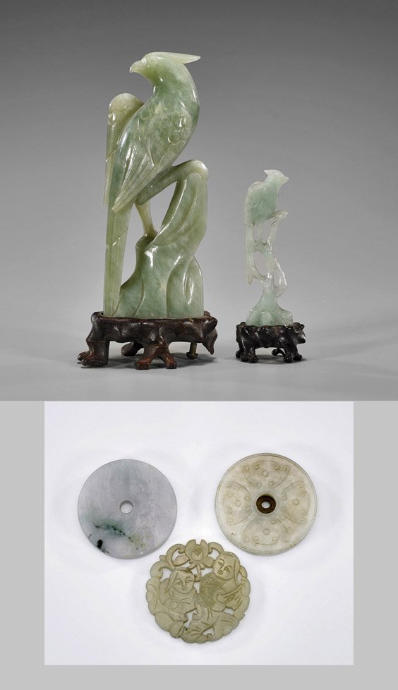 Collection of Five Antique Jade Carvings: Collection of Five Antique Jade CarvingsCollection of five antique Chinese jade carvings: three prayer wheels-- openwork children with lotus, etched floral designs, "beaded" pattern with meander to ve