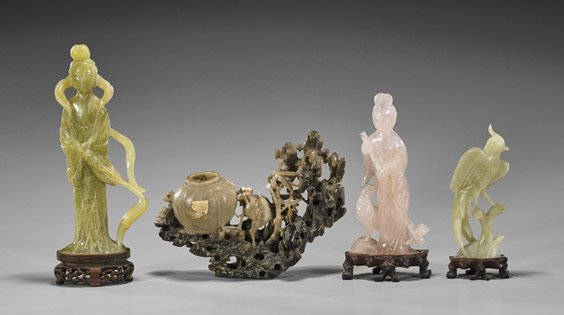 Four Chinese Carvings: Bowenite & Rose Quartz: Four Chinese Carvings: Bowenite & Rose Quartz Four Chinese carvings, including: antique soapstone group depicting a water buffalo and precious vessel amid rockery; rose quartz Guanyin with scythe; tog