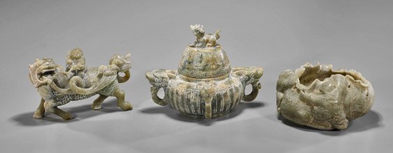 Three Chinese Archaistic Hardstone Carvings: Three Chinese Archaistic Hardstone Carvings Three Chinese Archaistic hardstone carvings, including: lotus pad form bowl with three boys climbing in relief; boy holding a ruyi scepter atop a striding q