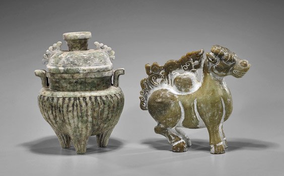 Two Large Chinese Hardstone Carvings: Two Large Chinese Hardstone Carvings Two large Chinese hardstone carvings: horse standing four-square with bared teeth and flared nostrils, stylized hydra openwork upon back; together with flattened s