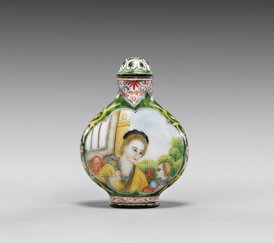Four Enamel on Copper Snuff Bottles: Four Enamel on Copper Snuff Bottles Four enamel on copper snuff bottles: two with European females to each side, one Qianlong-style; antique with Buddhist emblems to each side; together with moulded d