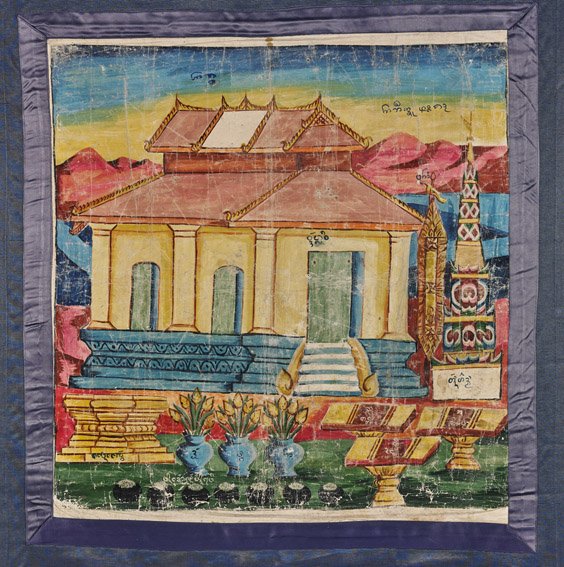 Two Antique Burmese Painted Panels: Architecture: Two Antique Burmese Painted Panels: Architecture Two antique Burmese painted on fine cotton panels, each of temples and shrines set against a brightly colored sky and mountains: one with a rectangular