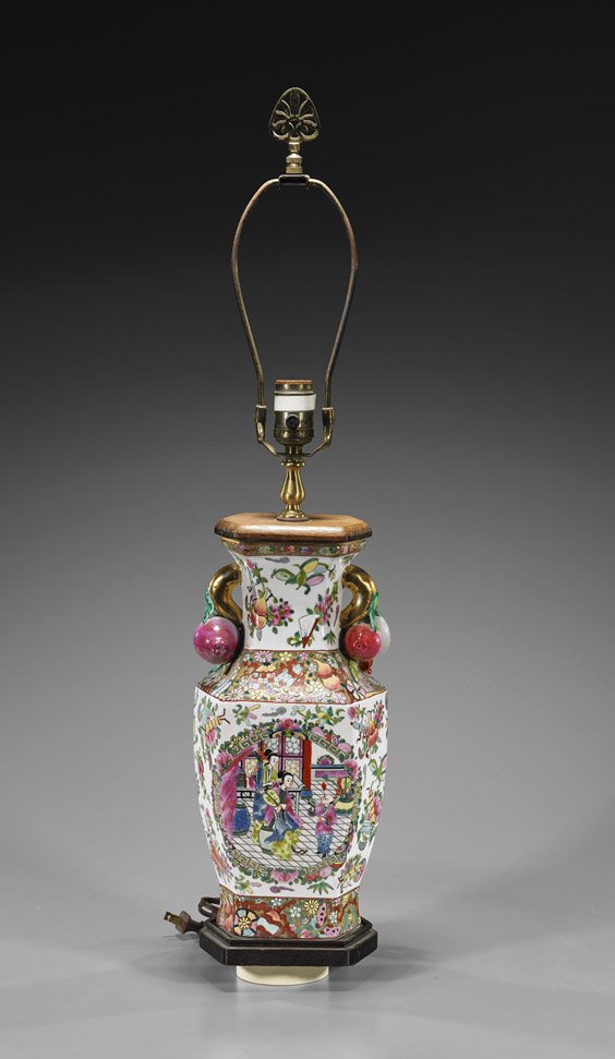 Chinese Rose Medallion Vase: Chinese Rose Medallion Vase Chinese Rose Medallion vase; of faceted baluster form with floating Buddhist emblems throughout, scenes of courtly figures in reserve, gilt and moulded pomegranate handles;