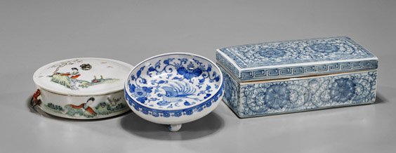 Three Chinese Porcelains: Boxes & Dish: Three Chinese Porcelains: Boxes & Dish Three various Chinese porcelains: blue and white rectangular box of blossoming flowers amid vines with matching cover; blue and white tripod dish with phoenix am