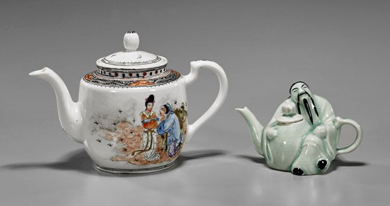 Chinese Enameled Teapot & Glazed Winepot: Chinese Enameled Teapot & Glazed Winepot Chinese enameled porcelain teapot, of cylindrical form with tall spout and handle, the body depicting a young beauty holding a scroll with an older woman, insc