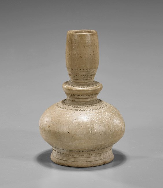 Antique Southeast Asian Bottle Vase: Antique Southeast Asian Bottle Vase Antique Southeast Asian, possibly Thai, ceramic vase; of bottle form with bulging disk to elongated neck, with stamped bands along base, shoulder and along neck (mi