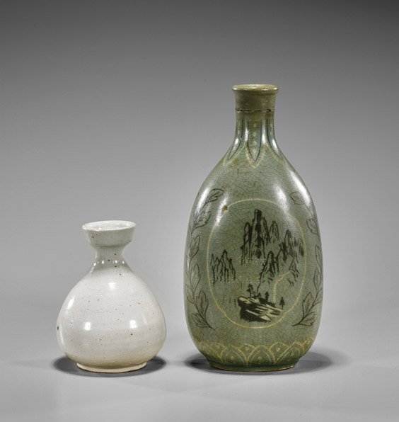 Two Korean Celadon Porcelain Vases: Two Korean Celadon Porcelain Vases Two Korean celadon glazed vases: flattened egg-form with reserves of a bearded man and landscape to each side (neck repair; flaws and crackle); together with globula