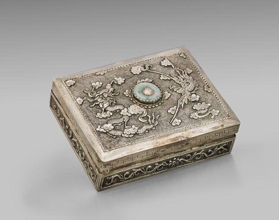 Antique Chinese Silver & Jade Marriage Box: Antique Chinese Silver & Jade Marriage Box Antique Chinese silver marriage box; of rectangular form with hinged cover, repoussé phoenix and dragon amid clouds with flaming pearl at center, outlined w