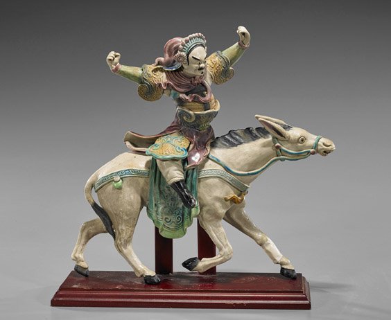 Ming-Style Glazed Pottery Roof Tile: Ming-Style Glazed Pottery Roof Tile Chinese Ming-style glazed pottery roof tile; of a warrior in elaborately colored regalia seated atop a caparisoned white horse (missing weapons, losses to glaze and