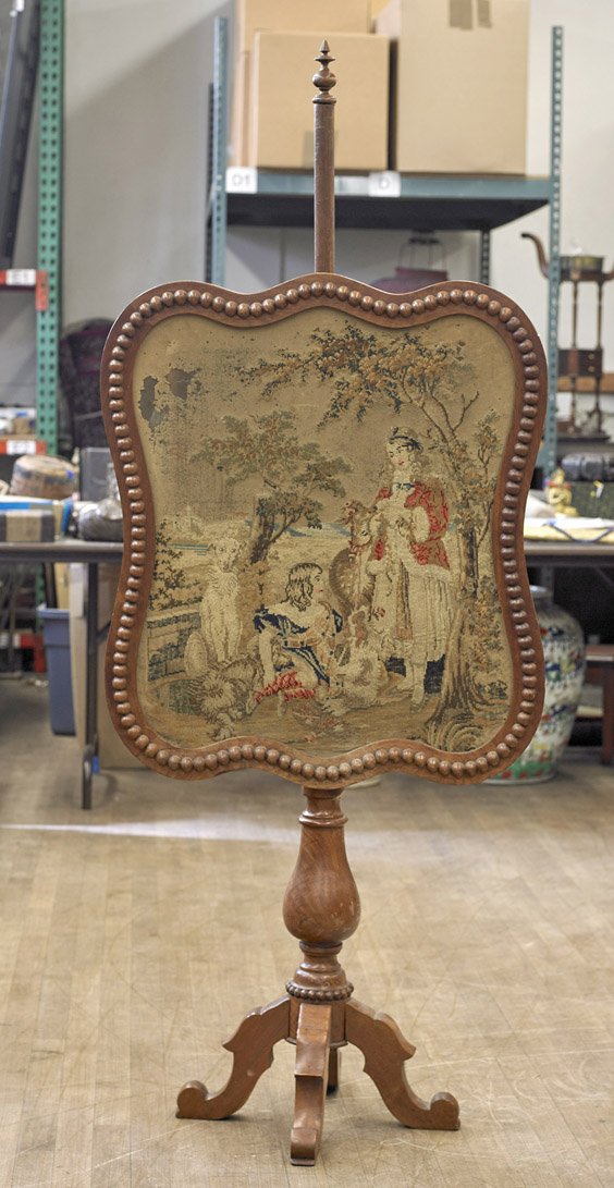 Antique English Needlepoint Screen: Antique English Needlepoint ScreenAntique English (George I) needlepoint screen: with pastoral scene of two figures, one standing, the other seated, with dogs and a deer beneath trees; within a decora