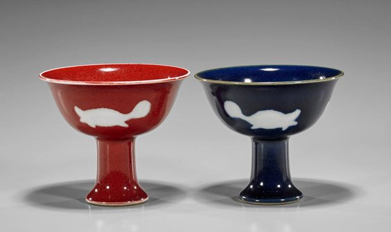 Pair Ming-Style Stem Cups & Song-Style Bowl: Pair Ming-Style Stem Cups & Song-Style BowlPair of Ming-style porcelain stem cups, each with three fish design, one in blue and the other red, 6-character mark; together with Chinese Song-style glazed