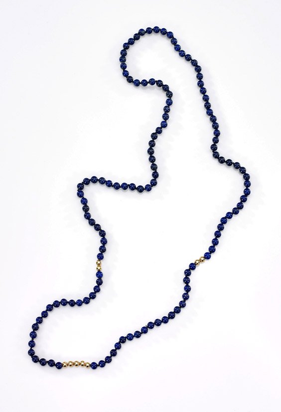 14K Yellow Gold & Lapis Lazuli Necklace: 14K Yellow Gold & Lapis Lazuli Necklace Chinese lapis lazuli bead necklace; comprised of deep colored 6mm circular beads with nine 14K yellow gold beads intermixed; L: approx. 34"; with original recei