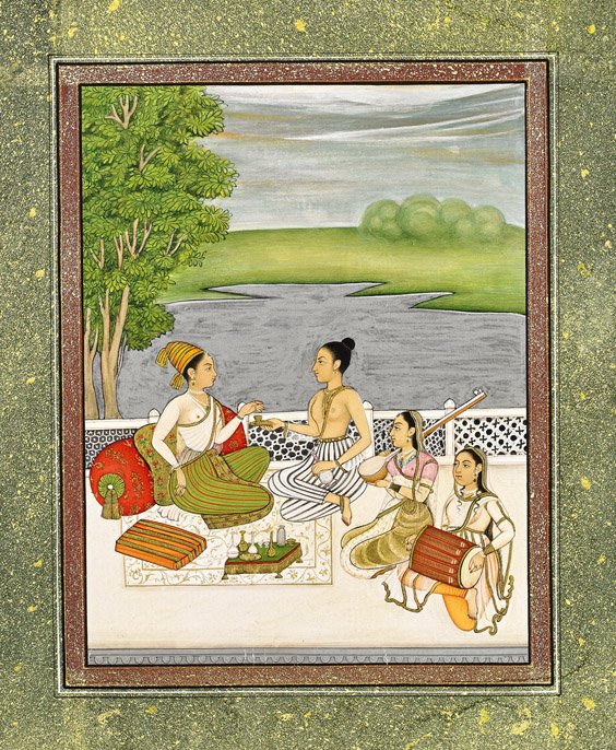 Antique Mughal Gouache Painting: Lady at Tea: Antique Mughal Gouache Painting: Lady at Tea Antique Mughal gouache and gilt on paper painting; depicting a woman seated against a pillow on a beige carpet with tea, an attendant and two musicians, al
