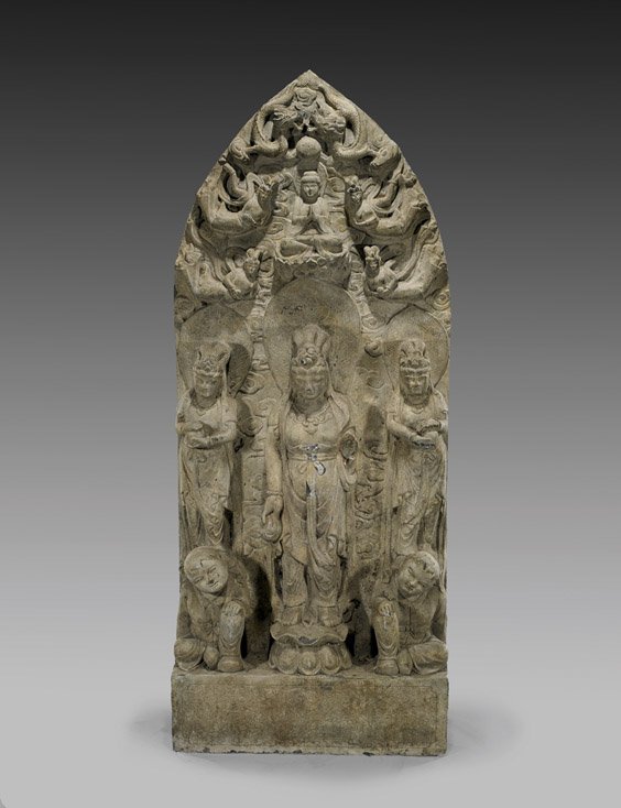 Massive Carved Stone Buddhist Stele: Massive Carved Stone Buddhist Stele Massive Chinese carved stone Buddhist stele; depicting three Bodhisattvas, the two on the sides held up by supplicants; all standing beneath a seated Buddha flanked