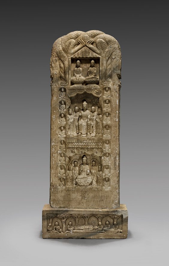 Massive Carved Stone Buddhist Stele: Massive Carved Stone Buddhist Stele Massive and probably antique, Chinese carved stone stele; the tall rectangular form with narrative figural scenes from the life of Buddha, flanked by numerous figur
