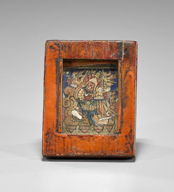 Antique Tibetan Mini Thangka: Jamsaran: Antique Tibetan Mini Thangka: Jamsaran Antique Tibetan miniature painted on cloth thangka; depicting the wrathful deity Jamsaran standing upon supplicants wielding a sword and wearing a chainmil shirt