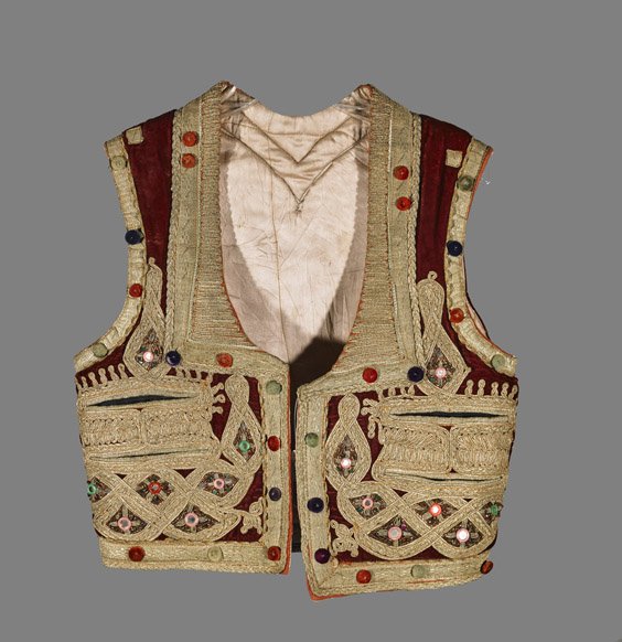 Pakistani "Jeweled" Vest & Japanese Kimono: Pakistani "Jeweled" Vest & Japanese Kimono Vintage Pakistani "jeweled" short vest with maroon velvet ground, intricate gilt bands with appliqué accents; together with old Japanese silk light green, c