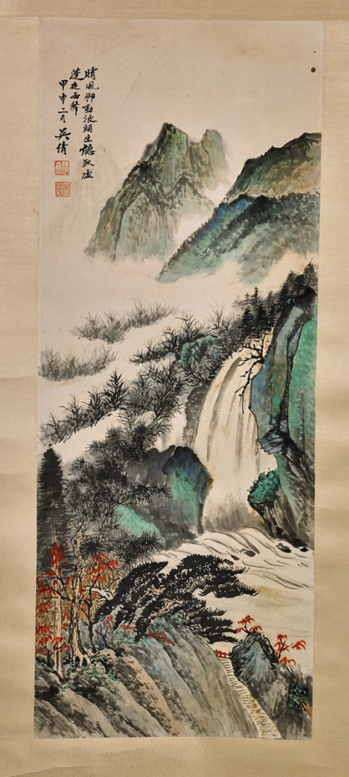 Four Various Chinese Scrolls: Four Various Chinese Scrolls Group of four Chinese paper scrolls: ink and color autumnal trees in a misty mountainscape; ink and color river flowing through mountains; together with two ink and wash d