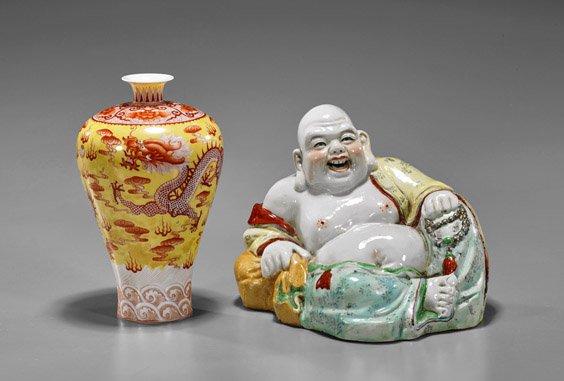 Chinese Porcelain Vase & Seated Budai: Chinese Porcelain Vase & Seated Budai Two small Chinese porcelains: yellow ground meiping vase with coral red contesting dragons; together with enameled seated Budai; seal mark to each; L: 8 1/2" (lar