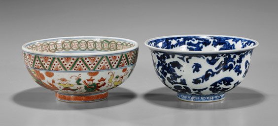Two Ming-Style Porcelain Bowls: Two Ming-Style Porcelain Bowls Two Chinese Ming-style porcelain bowls; reverse blue and white with incised dragons; together with Famille Verte enameled figural with dragon center; 6-character marks (