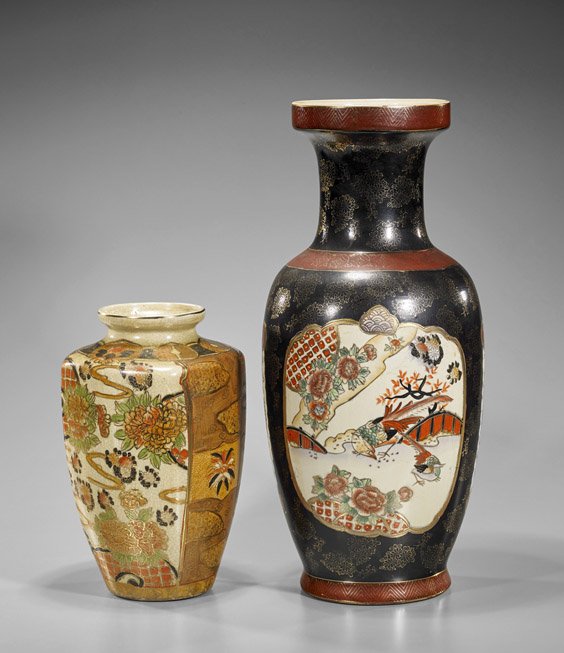 Two Chinese & Japanese Porcelain Vases: Two Chinese & Japanese Porcelain Vases Two porcelain vases: Chinese Satsuma-type of somewhat faceted spade form, floral panels on yellow crackle ground, seal mark; together with tall Japanese ovoid fo