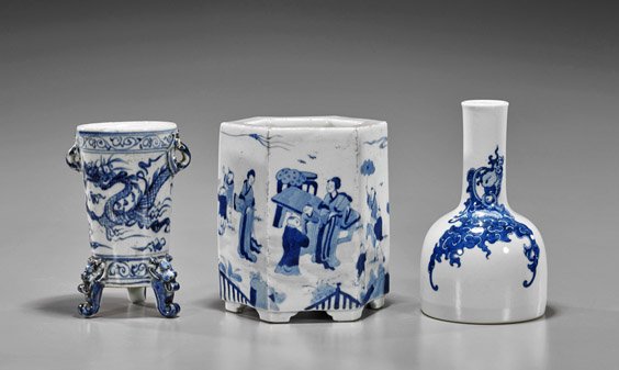 Three Chinese Blue & White Porcelains: Three Chinese Blue & White Porcelains Three Chinese blue and white porcelains: unusual Ming-style tripod cylindrical form dragon vase; Kangxi-style mallet vase with phoenix head, 6-character mark; tog