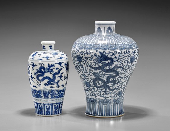 Two Chinese Blue & White Dragon Vases: Two Chinese Blue & White Dragon Vases Two Chinese blue and white porcelain vases: of ovoid form with small mouth, dragons and phoenix amid celestial field, 6-character mark; together with large meipin