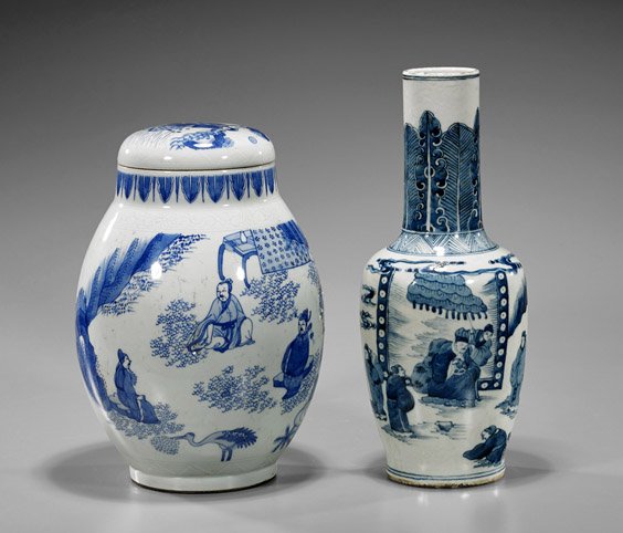 Two Chinese Blue & White Vases: Two Chinese Blue & White Vases Two Chinese blue and white porcelain vases: Transitional-style egg form of figures in a rocky landscape, matching cover; together with Kangxi-style oval vase with tall n